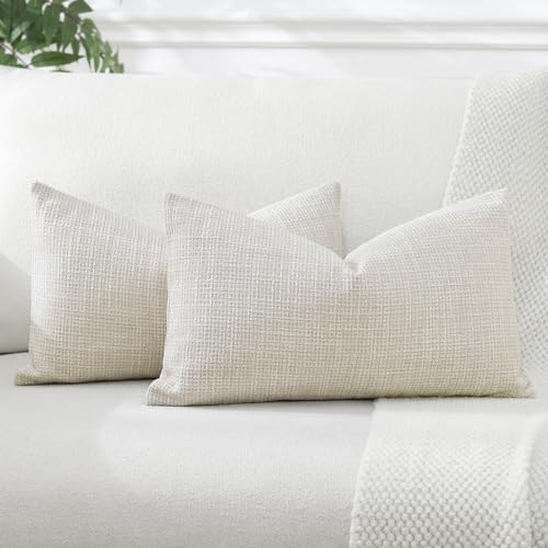 OTOSTAR Pack of 2 Throw Pillow Covers 12x20 Inch Linen Beige Pillowcases Farmhouse Decorative Solid Pillow Covers 30x50 cm...