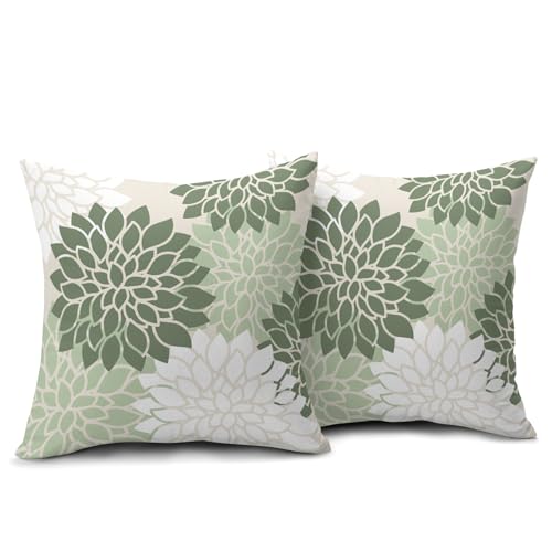 aportt Sage Green White Floral Pillow Covers 18X18 Inch Set of 2 Geometric Dahlia Flower Decorative Pillow Cases Modern Co...