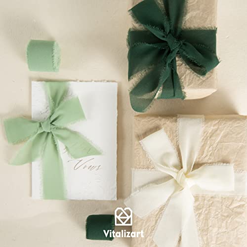 Vitalizart Handmade Chiffon Silk Ribbon Fringe Green & Cream 1.5" x 21 Yd Frayed Edges Ribbons for Wedding Invitations Bri...