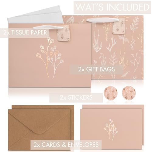 Beautiful Gift Bags Set of 2 - Large 13" Bags with Handles incl. Matching Tissue Paper, Cards & Stickers - Reusable and Pe...