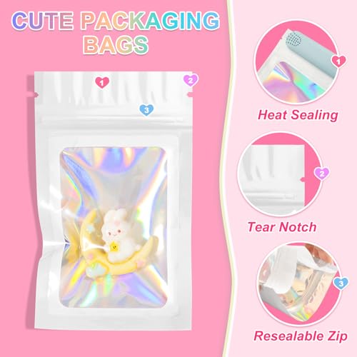 ANZNKU 100 Pack Holographic Bags, Smell Proof Packaging Bag, Clear Window Resealable Goodie Pouch Mylar Bags for Food Stor...