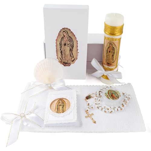 Baptism Candle Set for Boys and Girls,5 PCS Baptism Kit Virgen De Guadalupe Catholic Candle,Towel,Shell,Rosary,Bible for B...