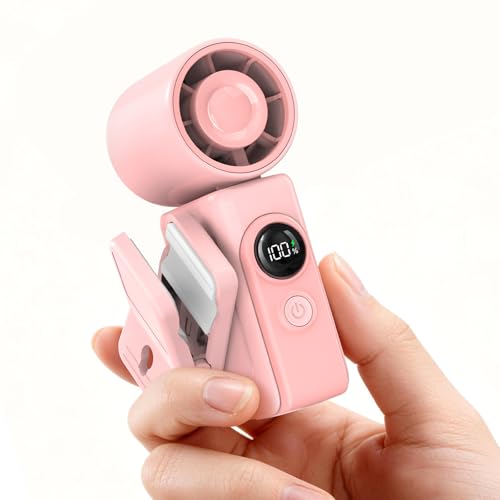 Portable Clip-On Mini Fan, Hands-Free, Turbo Personal Handheld Fans Rechargeable w/ 4 Wind & LED Display, Pocket Size Summ...