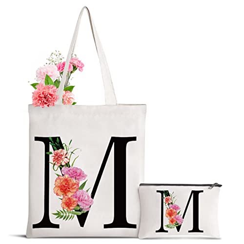 Sanuurfky Letter Initial Canvas Tote Bag Personalized Present Bag Gift for Mother's Day Bridesmaids Bride Birthday Wedding