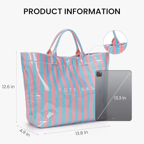 Lushandy Striped PVC Tote Bag for Women, Waterproof Plastic Tote Bag for Beach Pool Large Top Handle Travel Hobo Handbag