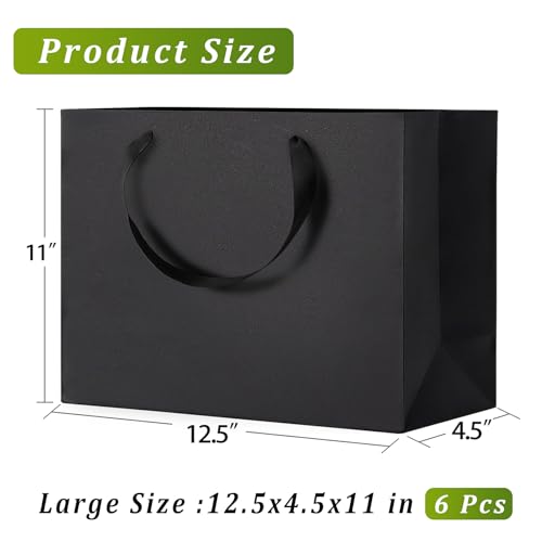 GEGIBOA Black Gift Bags With Handles 6 Pcs, 12.5x4.5x11 Inch Sturdy Kraft Paper Gift Bags, Bulk for Wedding, Party, Birthd...