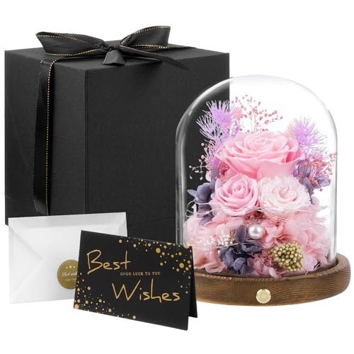 Large Preserved Flowers with Card&Box-Flowers for Delivery Prime,Eternal Rose with Lights,Roses in Glass Dome,Romantic Gif...