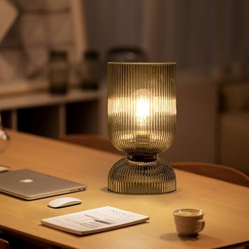 Gmrhndy Modern Table Lamp,Glass Mid Century Lamp with Smoky Gray Glass Shade, Bedside Lamp with On/Off Switch, Minimalist ...