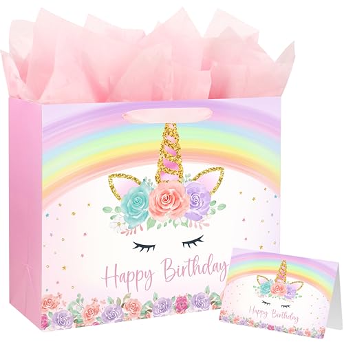 Yusenguan 13" Unicorn Birthday Gift Bag with Greeting Card and Tissue Paper for Baby Girls and Kids Birthday Party (Rainbo...