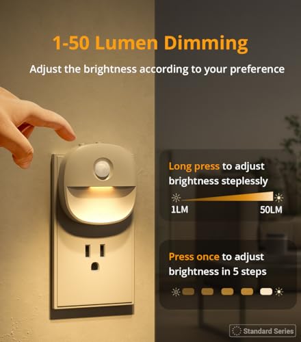 Lyridz Plug in Night Light with Motion Sensor and Dusk to Dawn Sensor, Dimmable Warm Nightlight with 1-50lm Adjustable Bri...