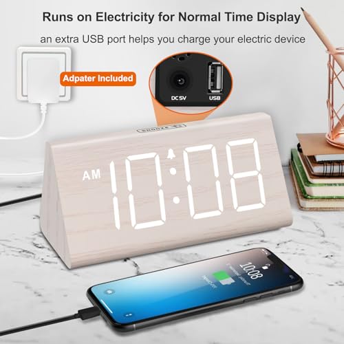 DreamSky Wooden Digital Alarm Clock for Bedroom - Living Room Desk Clock with Large Numbers, Bedside Nightstand Clock with...
