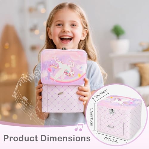 Basumee Musical Jewelry Box for Girls PU Leather Music Box with Drawer Large Kids Jewelry Organizer with Unicorn/Ballerina...
