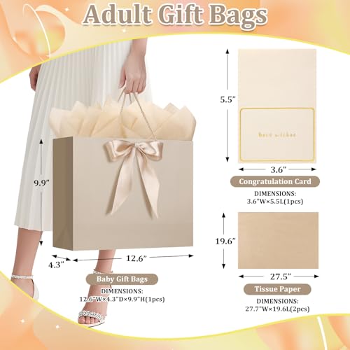 1PCS Large Gift Bag with Ribbon and 2 Tissue Paper 1 Greeting Card, Portable Paper Gift Bags with Handles, Paper Bags for ...