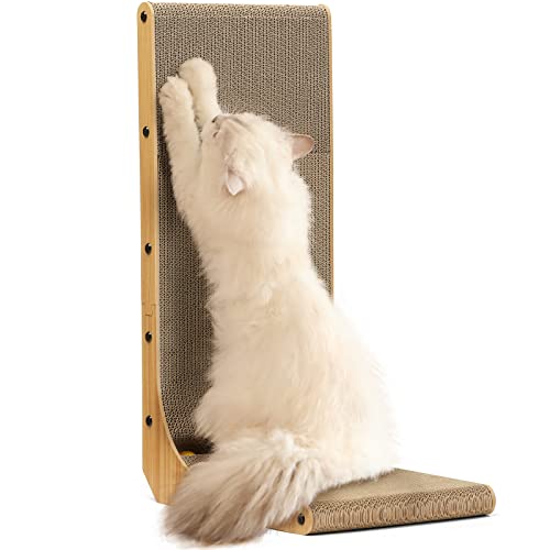 FUKUMARU Cat Scratcher, 26.8 Inch L Shape Cat Scratch Pad Wall Mounted, Cat Scratching Cardboard with Ball Toy for Indoor ...