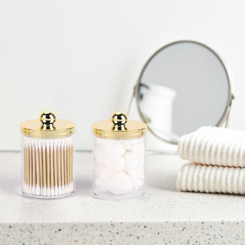 Tbestmax 10oz Qtips Holder - Plastic Apothecary Jar with Gold Lids for Cotton Swab, Cotton Round Pads, Floss - Gold