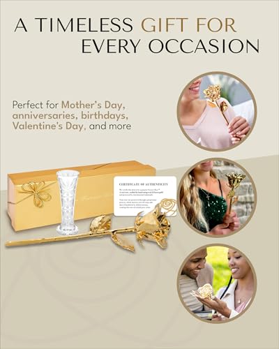 Forever Rose 24K Gold Dipped Real Rose – Handmade, Long-Lasting Preserved Flower in Glass Vase & Gold Box, Romantic Gift f...