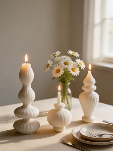 Ribbed Pillar Candles Set of 3，Modern Aesthetic Decorative Candle Set Cute Soy Wax Scented Ribbed Decor for Home Bathroom ...
