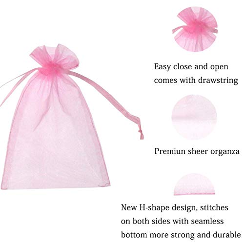 100 Pcs 5x7 inches Gift Wrap Bags Pink, Organza Sheer See Through Fabric, Drawstring Satin Ribbon Pouches for Baby Shower ...