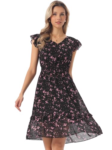 Allegra K Women's Floral Dress Spring Summer V Neck Flutter Sleeve Ruffle Casual Smocked Knee Length Dresses