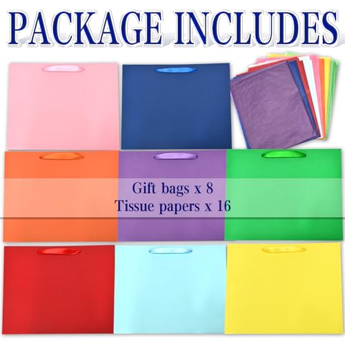 WrapNGo 8 PCS Gift Bags with 16 Tissues 8 Colors Party Favor Bags with Handles 14x4.5x11 Inch Goodie Bags for Valentine's ...