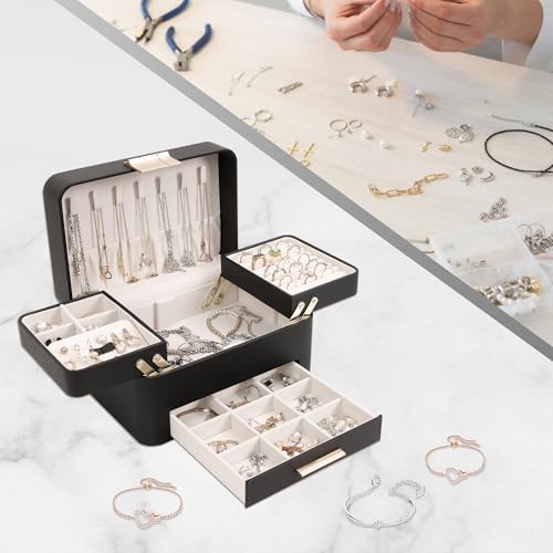 KAMIER Jewelry Box, 3 Layers Jewelry Organizer with Drawers, PU Leather Jewelry Storage Organizer for Earring, Ring, Neckl...