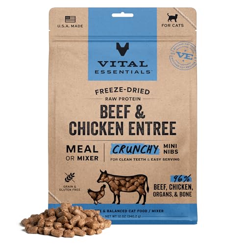 Vital Essentials Freeze Dried Cat Food, Raw Beef & Chicken Crunchy Mini Nibs | Complete Meal or Topper | 96% Beef, Chicke...