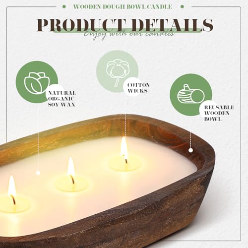 Threlaco 1 Pack 10 Inch Wood Dough Bowl Candles Home Rustic Dough Bowl Soy Candle 3 Wick Scented Candles Gifts for Men Wom...