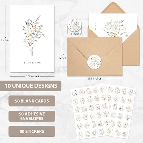 AUDREE Wildflower Thank You Cards with Envelopes (50 Pack 3.5" x 5.2") – Floral Thank You Notes with Adhesive Envelopes & ...