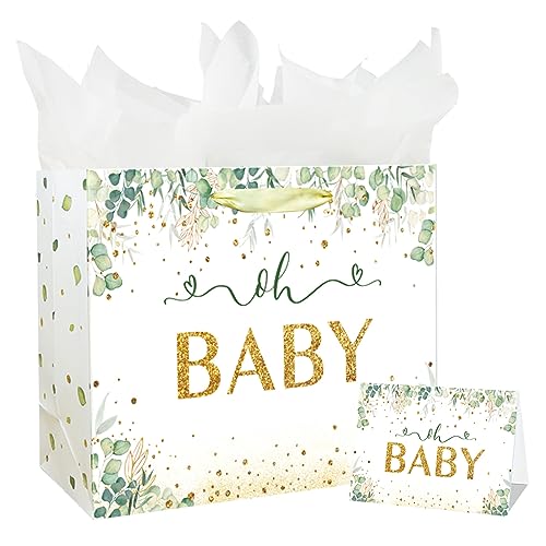 13" Large Baby Boy Girl Gift Bag for Baby Shower or Birthday with Handle, Tissue Paper and Greeting Card (13" Green)