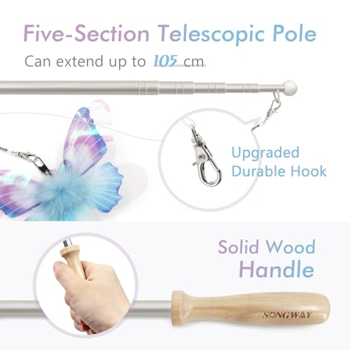 SONGWAY Cat Butterfly Toys Wand - 7 Pieces Cat Toy Set, Retractable Cat Wand with 6 Butterfly Cat Toys Replacement with Be...