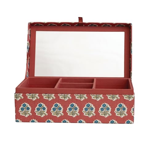 Fabric Covered Jewelry Box with Floral Pattern and Interior Mirror, Multicolor