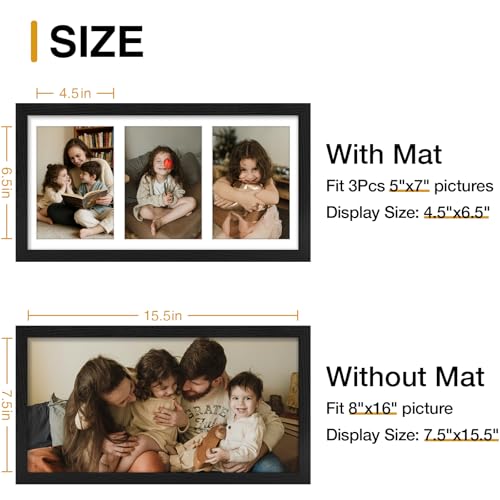 decorUhome 8x16 Picture Frames Collage Wall Decor, Display 3Pcs 5x7 Photos with Mat or 1Pcs 8x16 Unmatted, 3 5x7 Collage P...