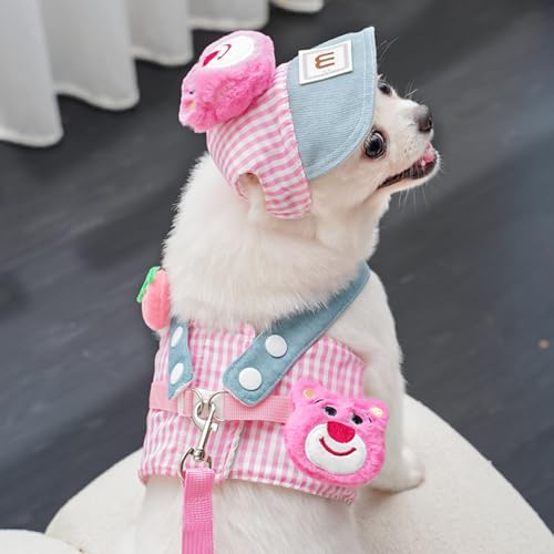 Layheld Cat Puppy Costume Sun Hat Leash Vest Harness 3pcs Set Cute Plaid Pattern Cartoon Plush Decor Pet Accessories for C...