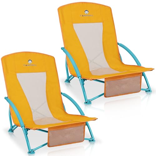 Low Beach Chairs 2 Pack,Folding Compact Low Seat Chairs for Adults w/Mesh Back & Storage Bag,Heavy Duty Chair for Outdoor ...