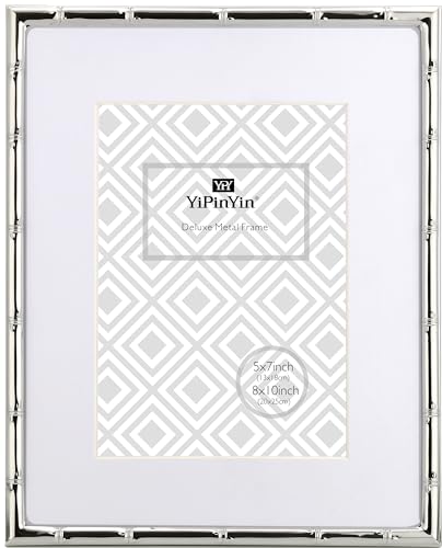 YiPinYin 8x10'' Bamboo Detail Designs Silver Metal Picture Frame with Mat for 5x7'' Set of 2,Narrow Silver Plated Photo Fr...