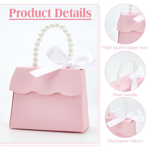 BENECREAT 16 Sets Pink Wedding Favors Box DIY Set, Kraft Paper Box with Pearl Handle, Ribbons, Stickers, Gift Boxes for Bi...