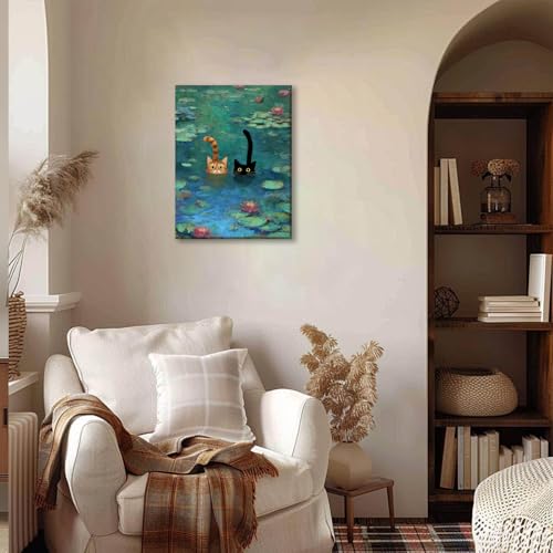 Funny Cat Canvas Wall Art Impressionist Water Lily Painting Picture Wall Decor Modern Cute Animal Lover Poster Print Artwo...