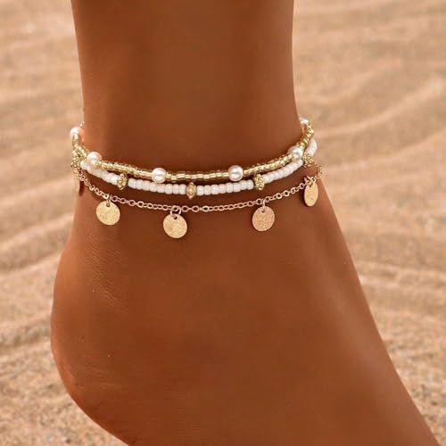 Qceasiy Shell Ankle Bracelet Set for Women, Gold Plated Boho Bead Adjustable Anklet, Hawaiian Beach Seashell Pearl Heart S...