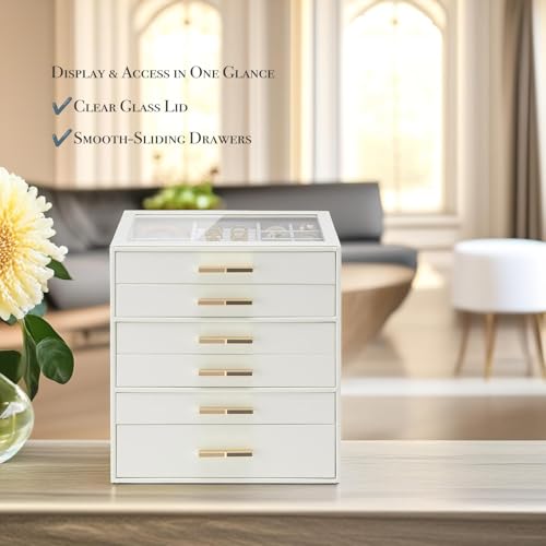 VLANDO 6-Drawer Jewelry Box with Glass Lid, Faux Leather Organizer for Rings Earrings Necklaces and More, Gift-Ready Jewel...