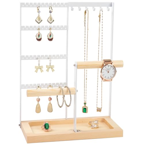 Jewelry Organizer Stand, Jewelry Holder, Lengnoy 4 Tier Earring Holder with 48 Holes and 6 Hooks Necklace Organizer Wood B...