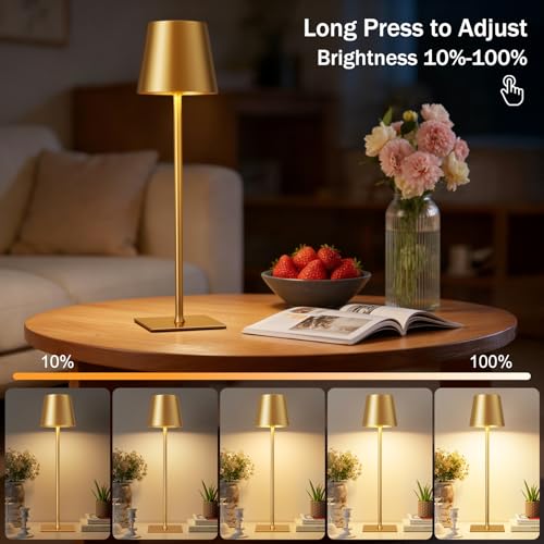 Gold Cordless Rechargeable Table Lamp, 2 Pack Portable Desk Lamp with 5000mAh Battery, Touch Control Stepless Dimming, Wir...