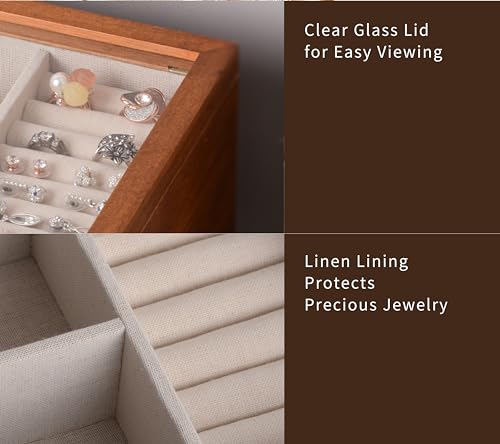 Clasin Home Jewelry Box with Glass Lid, 3 Layer Jewelry Organizer for Women, Solid Wooden Jewelry Box Display for Ring Ear...