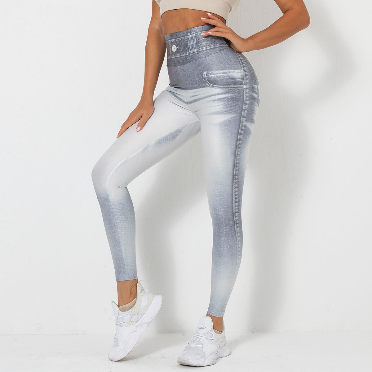 Digital Printing Denim Blue Tight High Elastic Quick-drying Yoga Pants