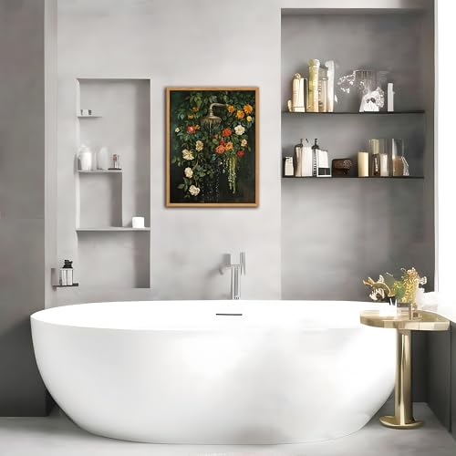 Floating Framed Floral Shower Wall Art, Vintage Botanical Flower Canvas Print, Romantic Garden Roses and Waterfall Paintin...
