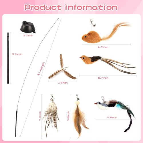 Maiguangta Interactive Bird Simulation Cat Toy Set,Cat Wand Toys,Wand Self-Holding Suction Cups Base,Include Detachable 6 ...