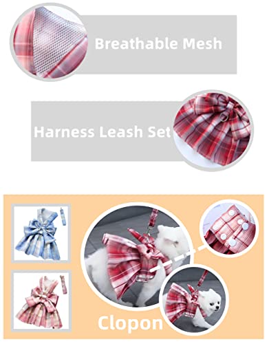 Clopon Dog Clothes Harness Dog Dress Pack Yorkie Dresses for Girl Pink Dress Blue Outfits Cute Leash Set XS