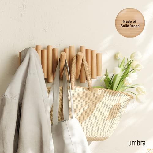 Umbra Picket Coat Rack Wall Mount – 5 Flip-Down Wood Coat Hooks, Modern & Functional Storage, Easy Install Wall Hooks, Nat...