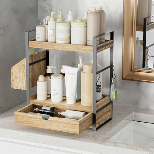 Aollewoiti 2-Tier Bathroom Counter Organizer with Drawer and Basket, Wood Countertop Organizer for Storage, Skincare Organ...