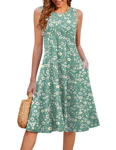 HOTOUCH Summer Casual Dresses for Women Sleeveless Midi Dress Swing Tank Sundress Pleated Tshirt Dress with Pockets