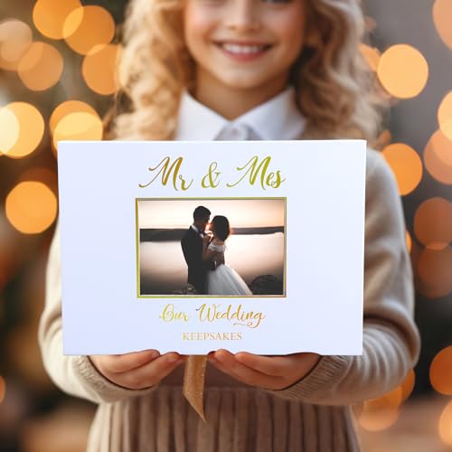 Weysat 12x9 Inches Gold Stamping Font Wedding Keepsake Box Cover with Photo Frame, White Wedding Memory Box with Ribbon fo...